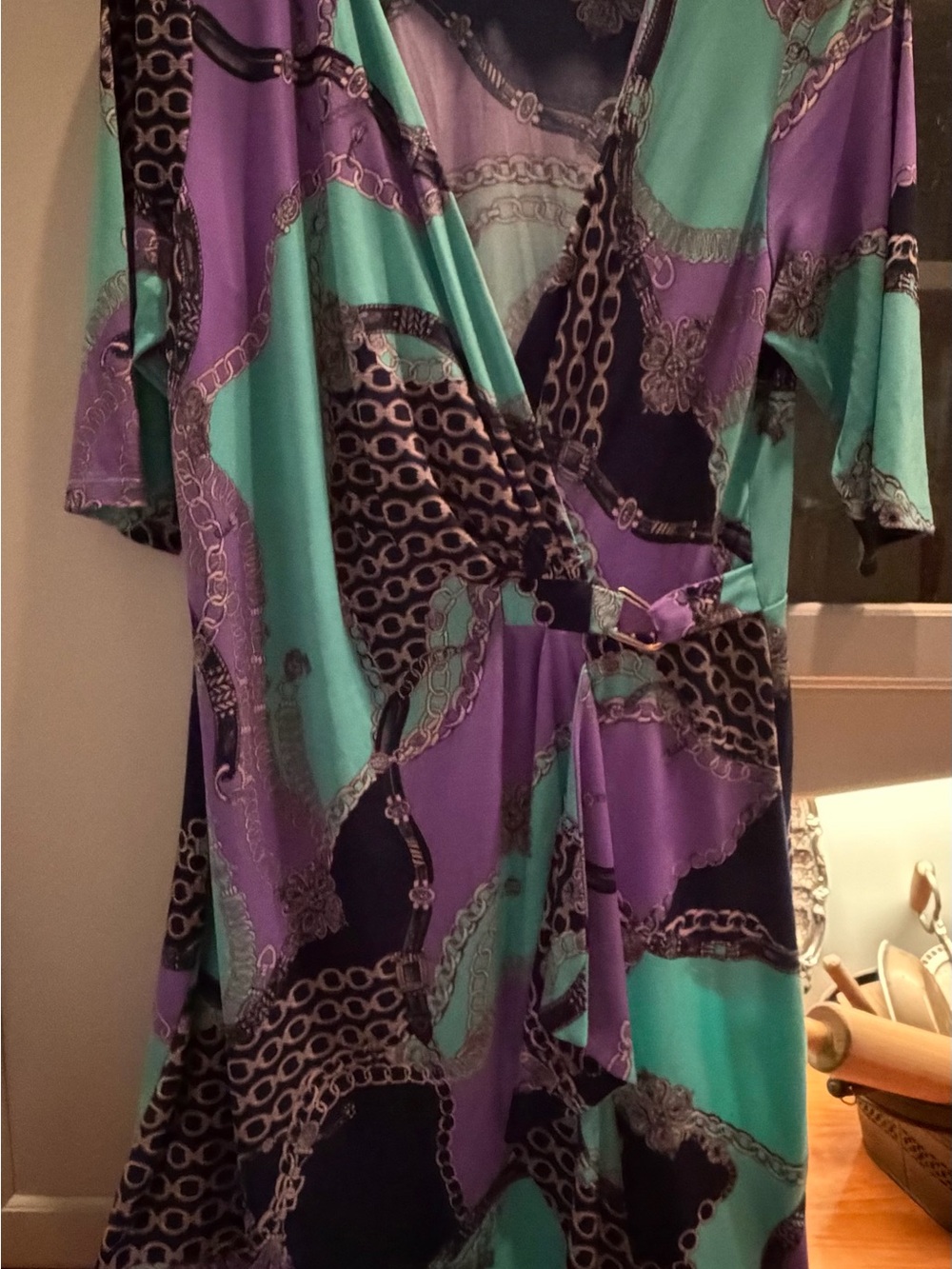 Roz & Ali Navy Green and Purple Chain Scarf Print Midi Dress